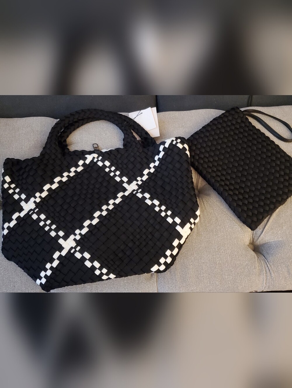 Rachel Zoe  Black & White Check Pattern Woven Tote Bag with Matching Pouch NWT